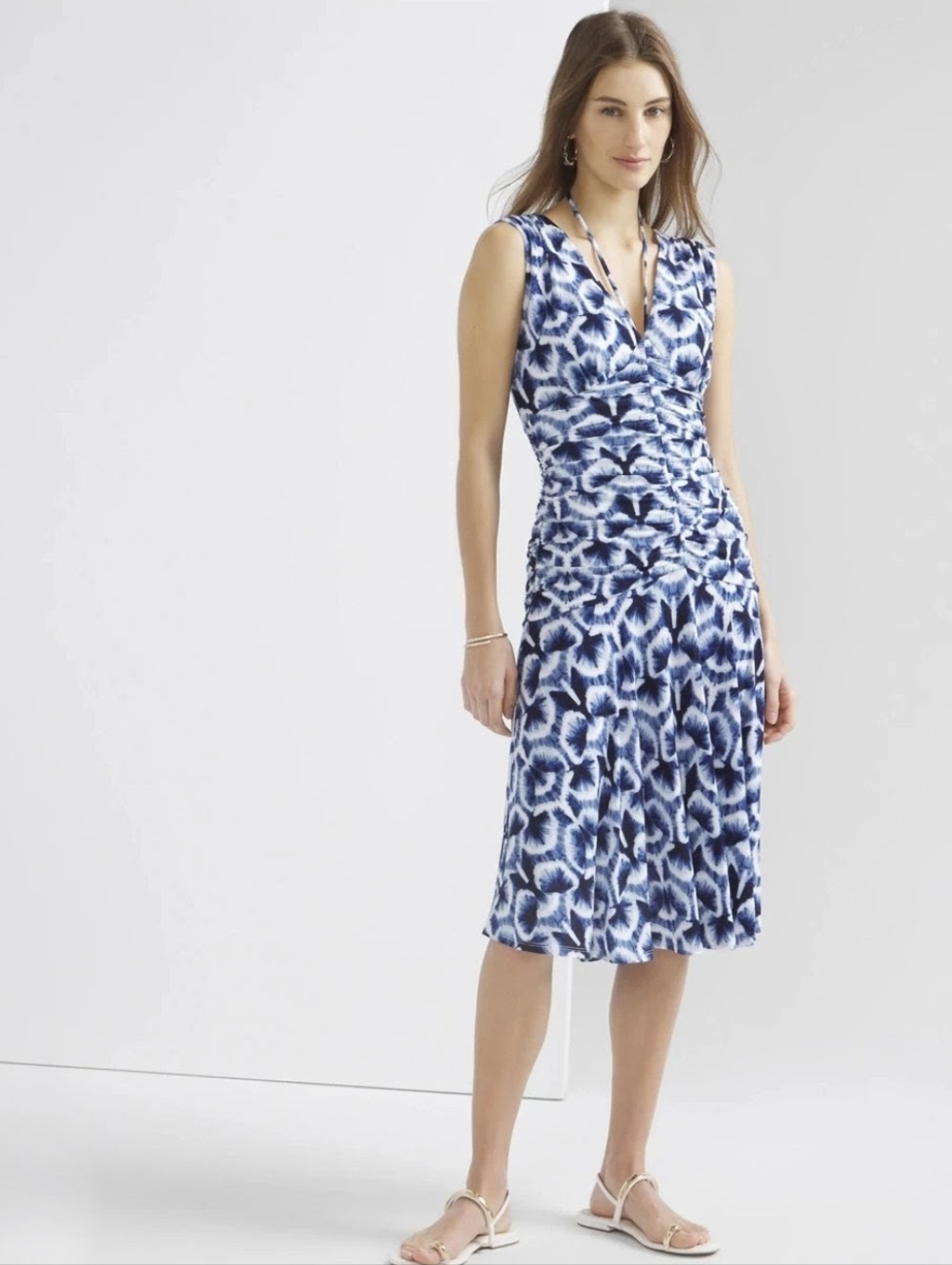 White House Black Market Womens Midi Dress Ruched Tie Shoulder Watercolor Size 8